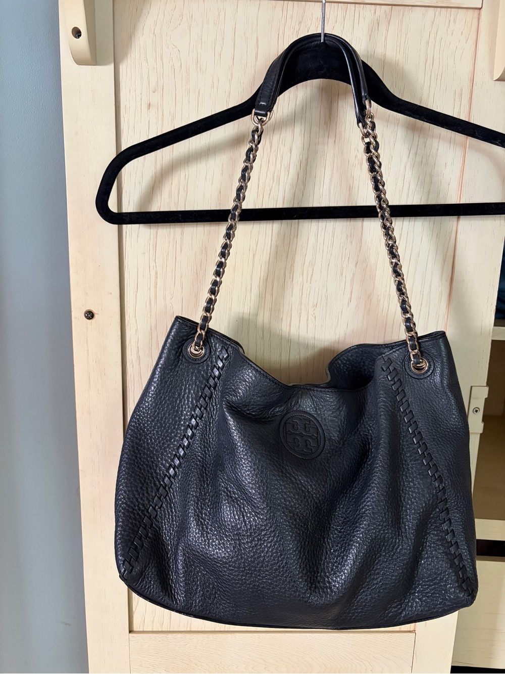 Tory Burch Black Pebbled Leather Shoulder Bag with Chain Straps
